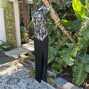 Vintage Oleg Casini, black tie, dark floral beaded silk gown with front slit
